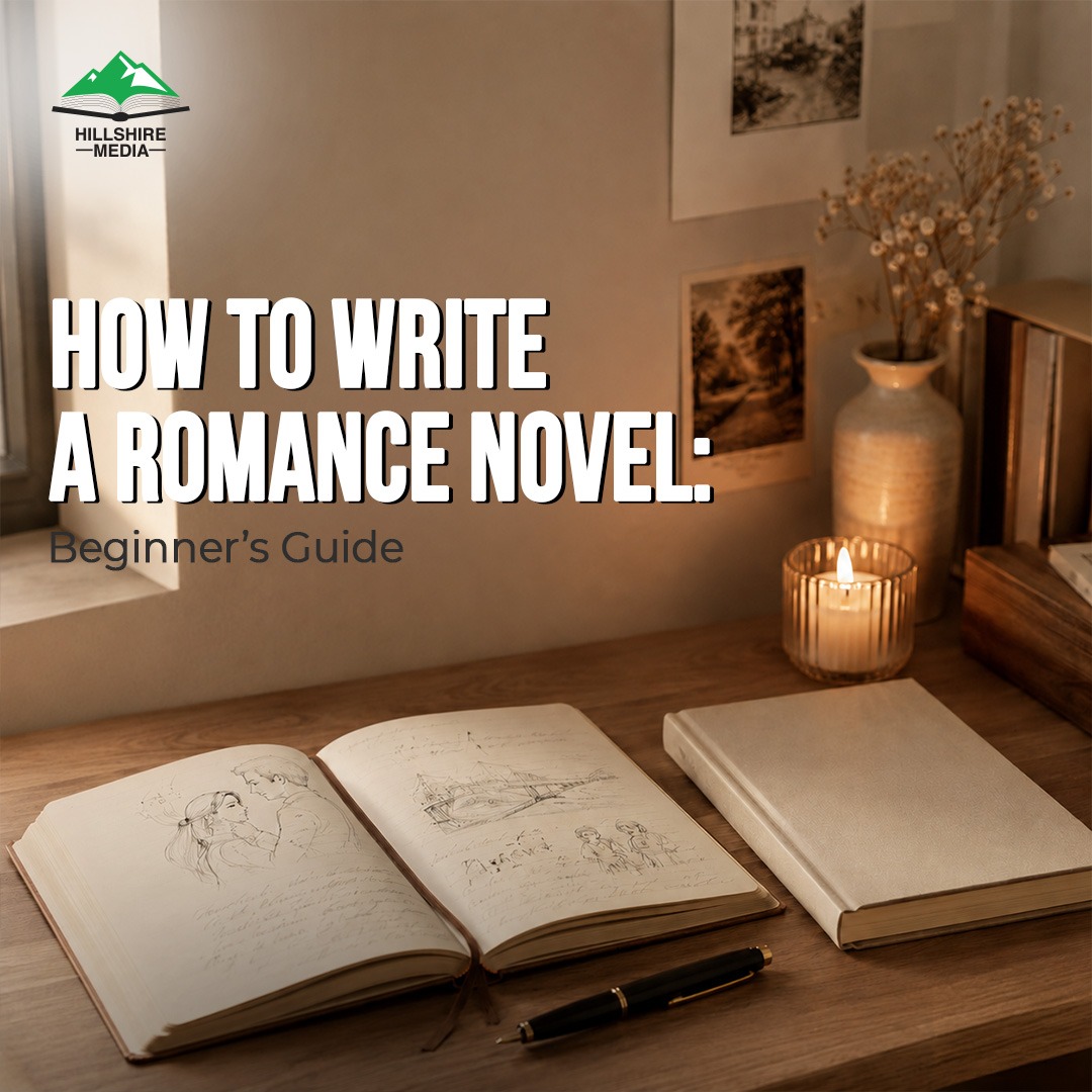 Writer planning a romance novel with character notes and story outline