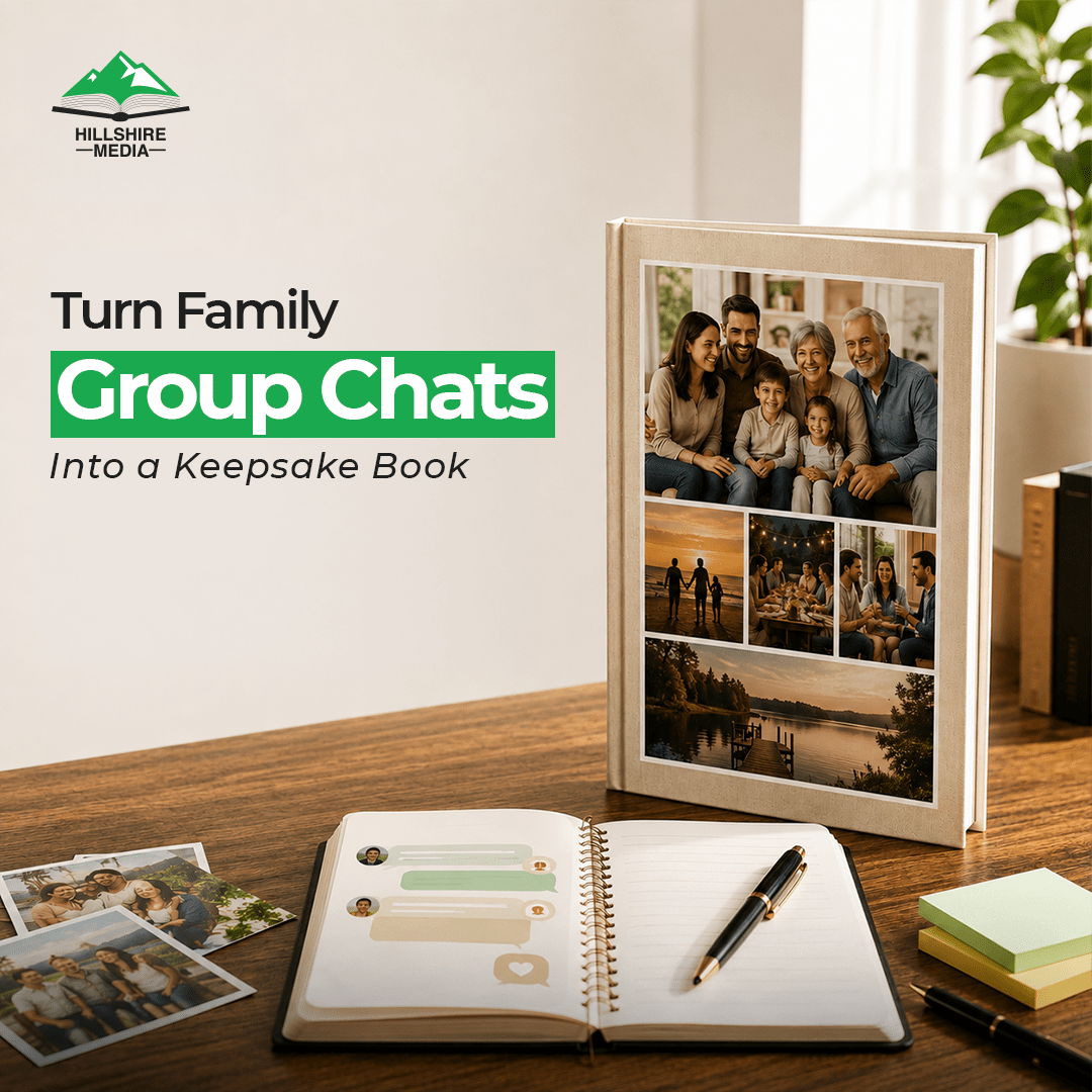 Family group chat messages turning into a keepsake memory book