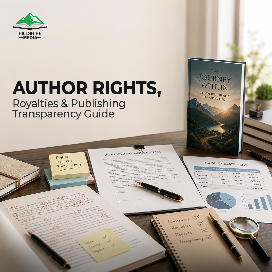 Author reviewing publishing rights and royalties agreement